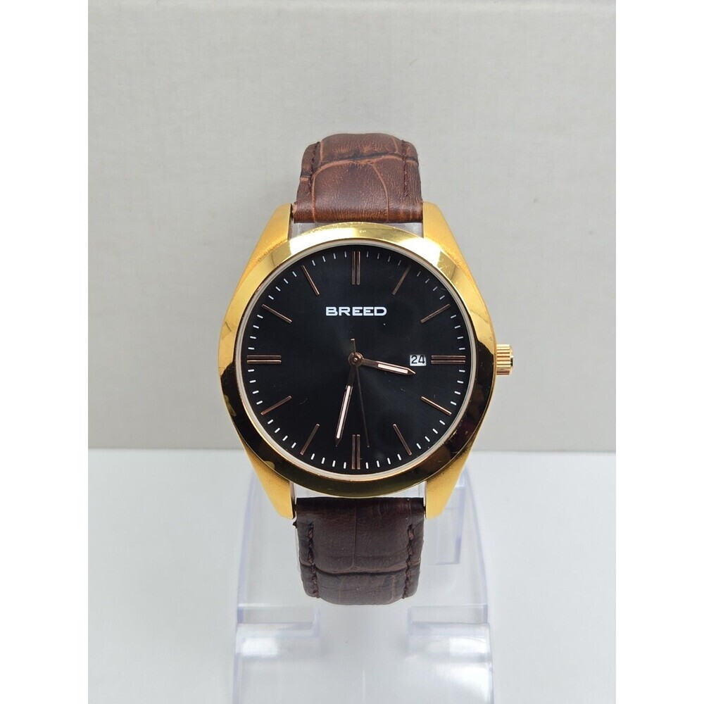 Breed Louis Mens 42mm Date Watch Gold Tone Brown Leather Quartz New Battery